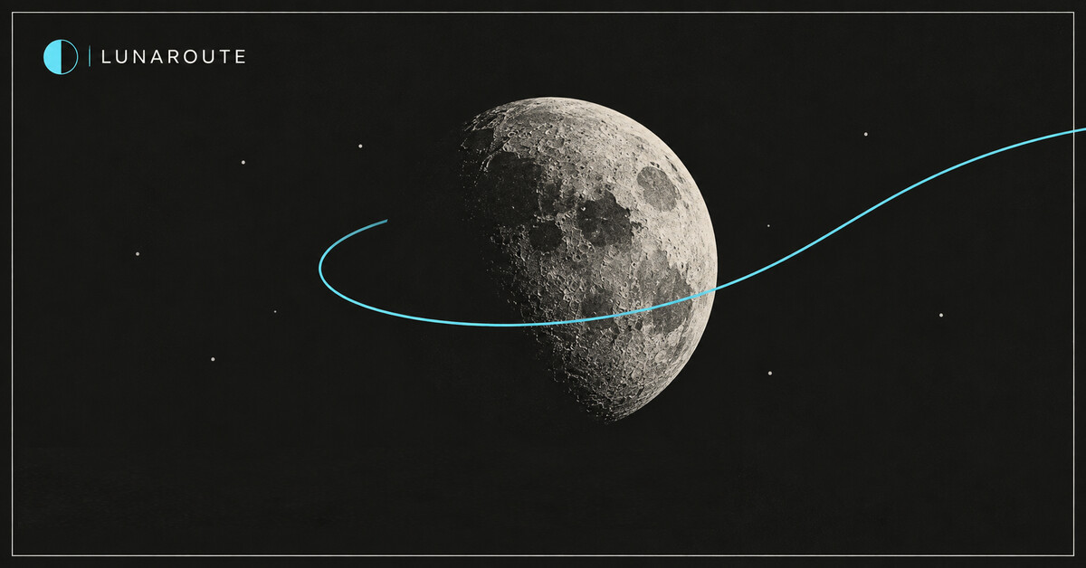 A photoreal moon at half phase against a dark starfield, the LunaRoute wordmark at the top left, and a cyan orbital arc sweeping across the frame.